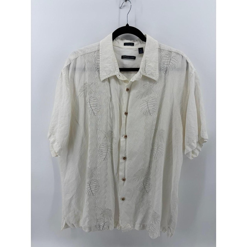 Van Heusen Studio,Linen Blend, Embroidered Tropical Leaf Pattern, XL (17-17 1/2)